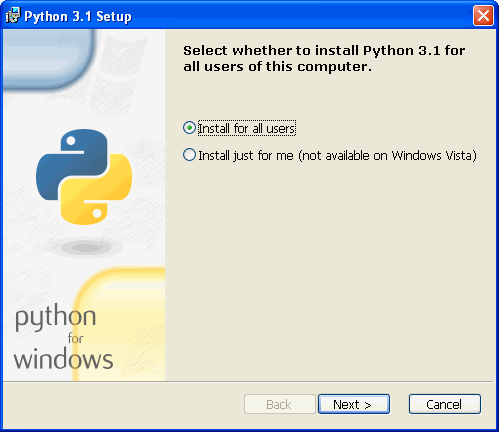 [Python installer: select whether to install Python 3.1 for all users of this computer]